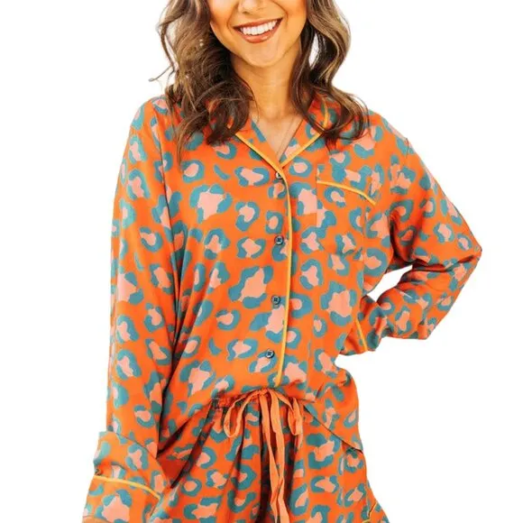 Orange Leopard Print Long Sleeve Shirt and Shorts Pajama Set