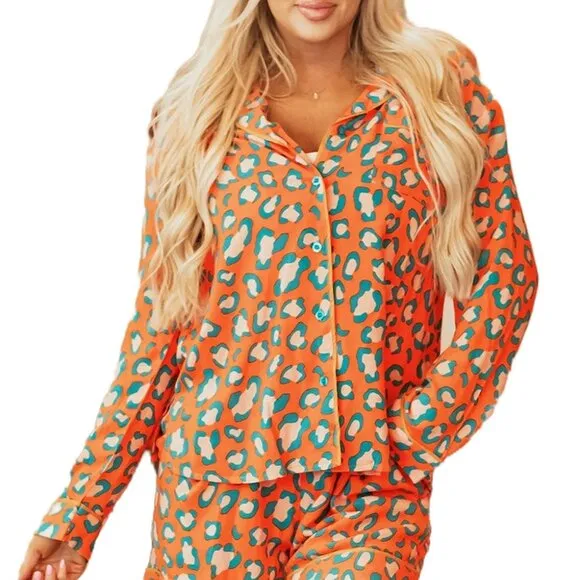 Orange Leopard Print Long Sleeve Shirt and Shorts Pajama Set