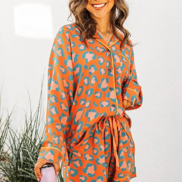 Orange Leopard Print Long Sleeve Shirt and Shorts Pajama Set
