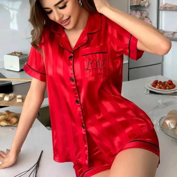 Pocket Embroidered Jacquard Satin Button Up Collar Shirt And Shorts Pajama Set