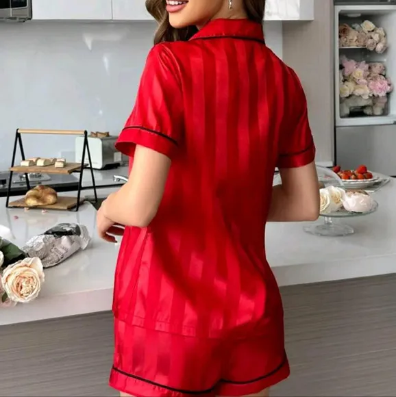 Pocket Embroidered Jacquard Satin Button Up Collar Shirt And Shorts Pajama Set