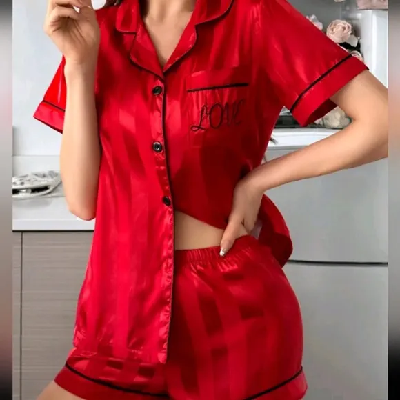Pocket Embroidered Jacquard Satin Button Up Collar Shirt And Shorts Pajama Set