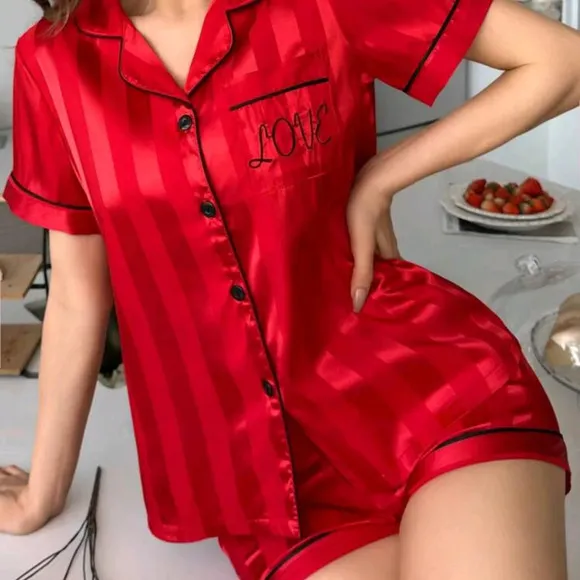 Pocket Embroidered Jacquard Satin Button Up Collar Shirt And Shorts Pajama Set