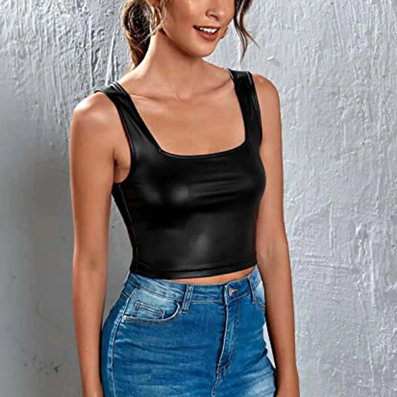 PU Leather Black Bustier Women Sexy Deep V-Neck Spaghetti Strap Corset Cropped Top