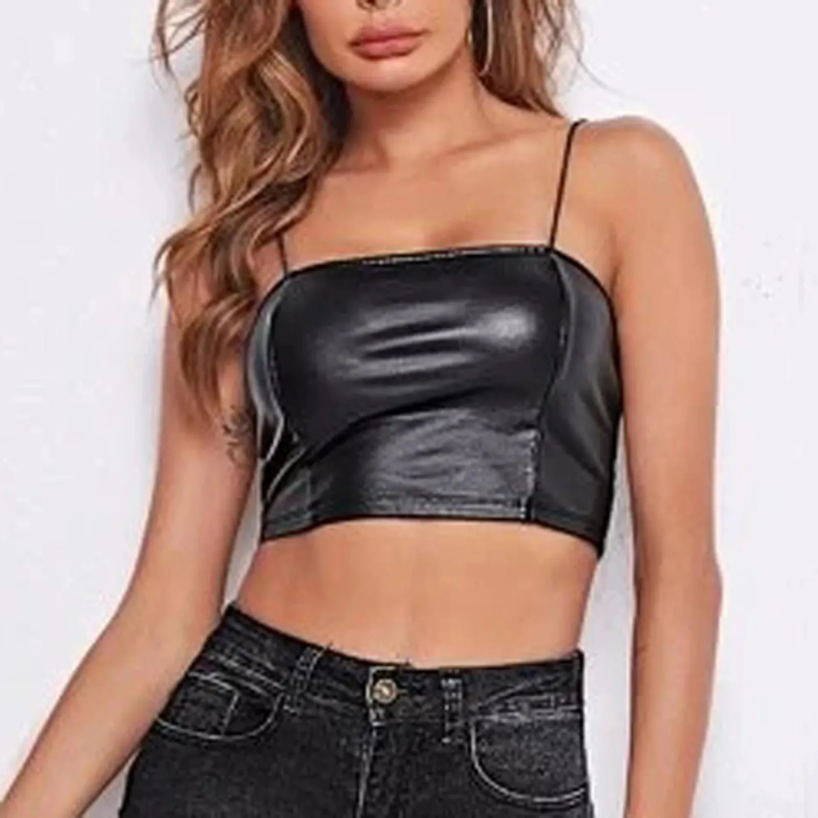 PU Leather Black Bustier Women Sexy Deep V-Neck Spaghetti Strap Corset Cropped Top