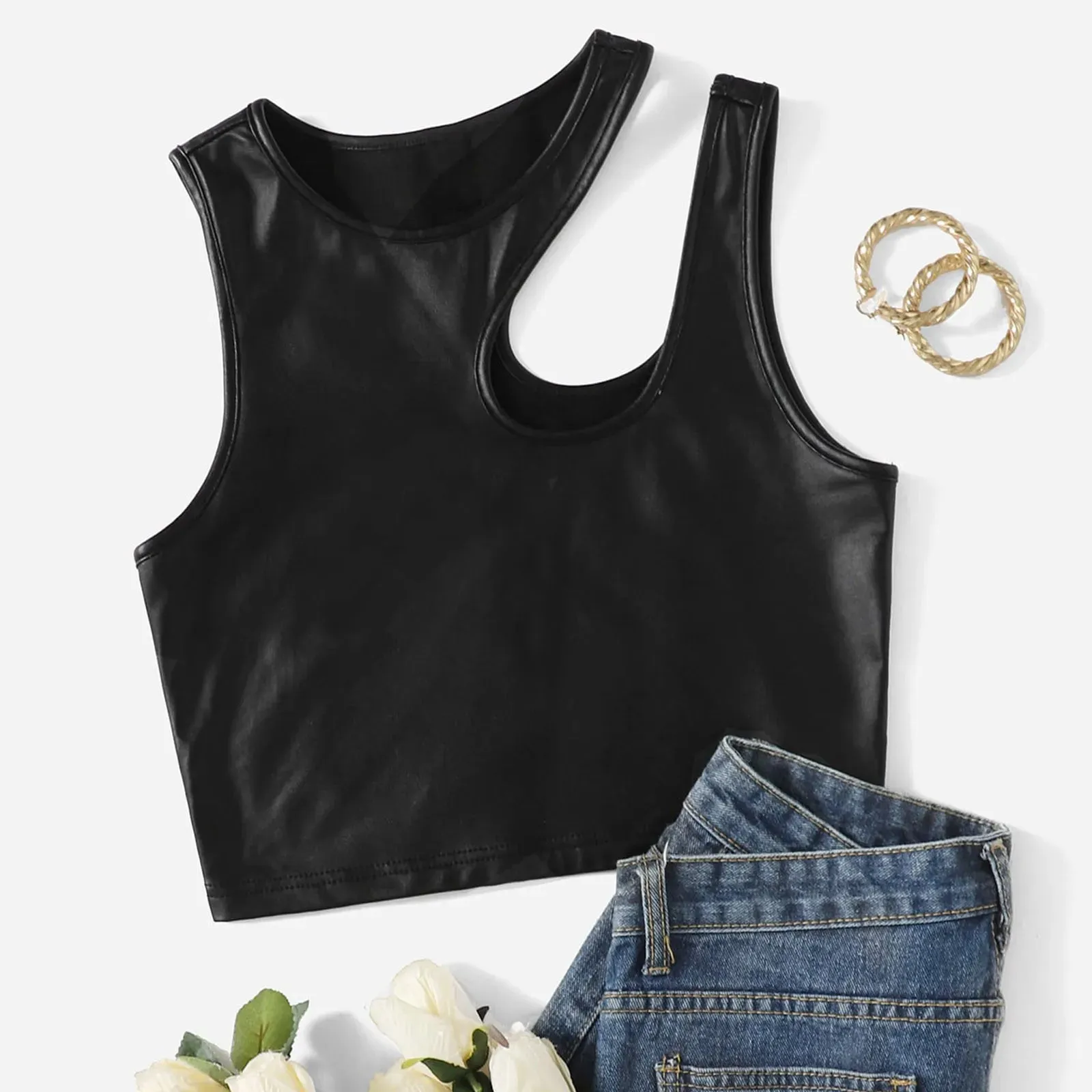 PU Leather Black Bustier Women Sexy Deep V-Neck Spaghetti Strap Corset Cropped Top