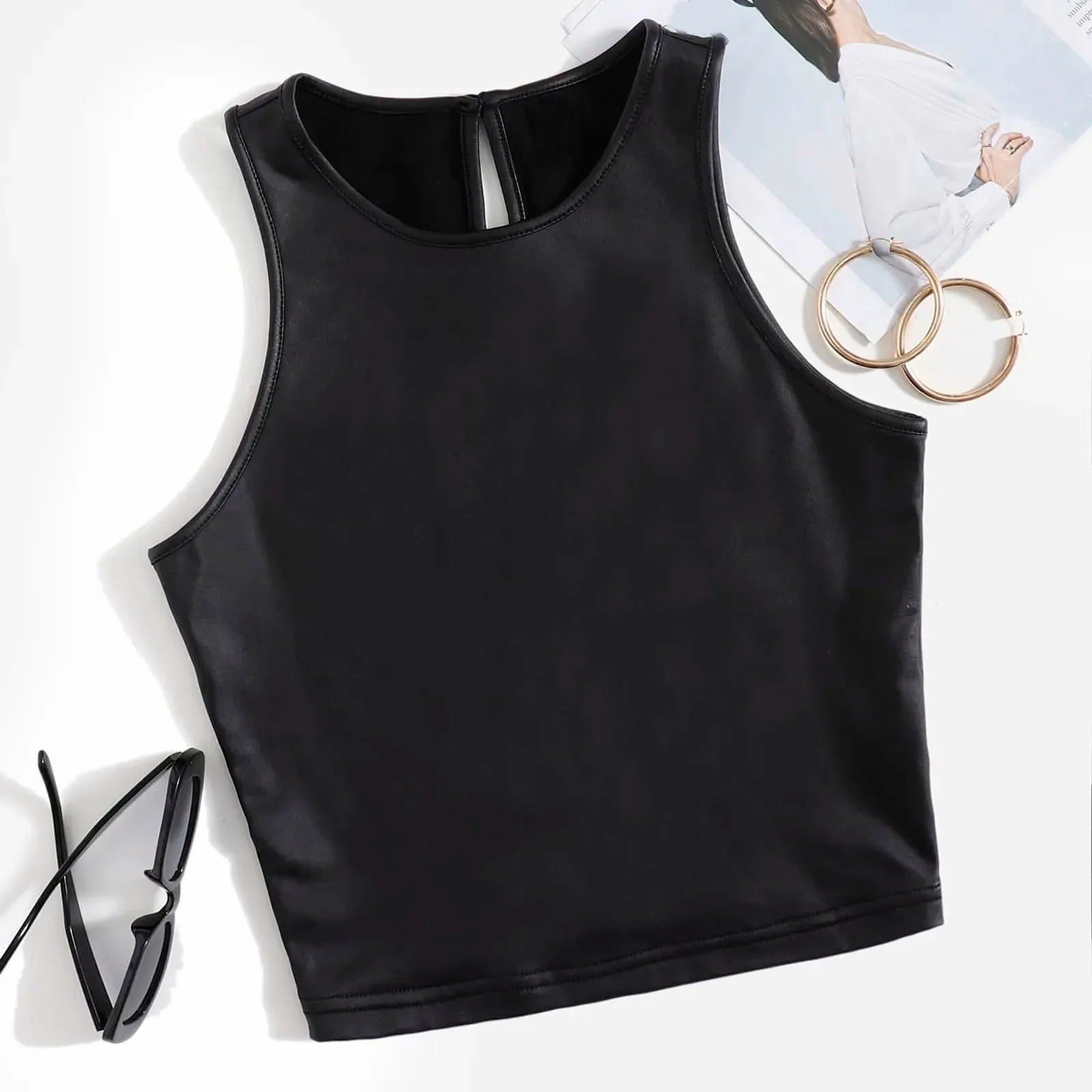 PU Leather Black Bustier Women Sexy Deep V-Neck Spaghetti Strap Corset Cropped Top