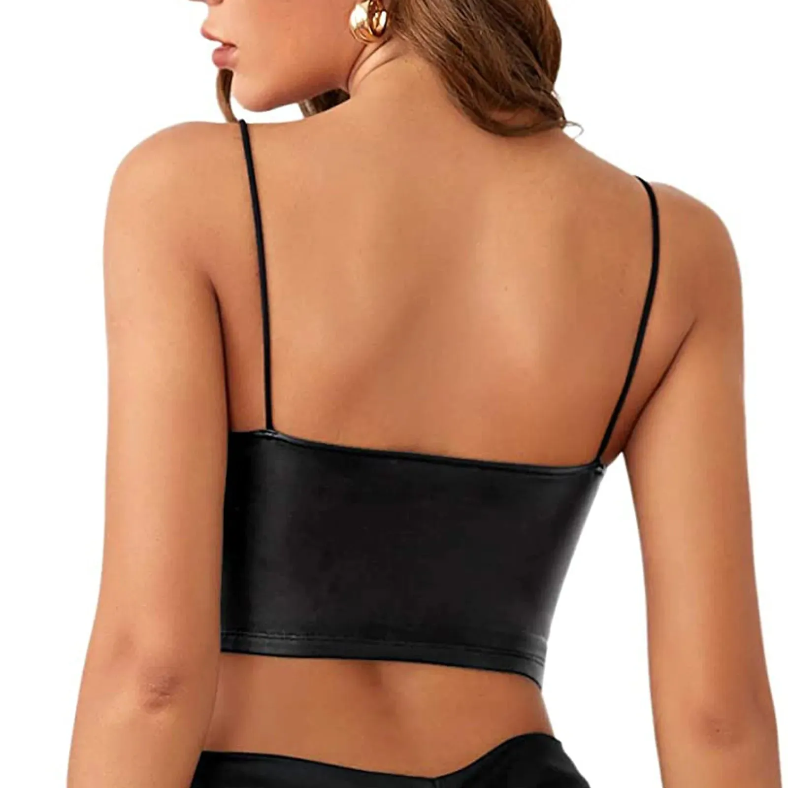 PU Leather Black Bustier Women Sexy Deep V-Neck Spaghetti Strap Corset Cropped Top