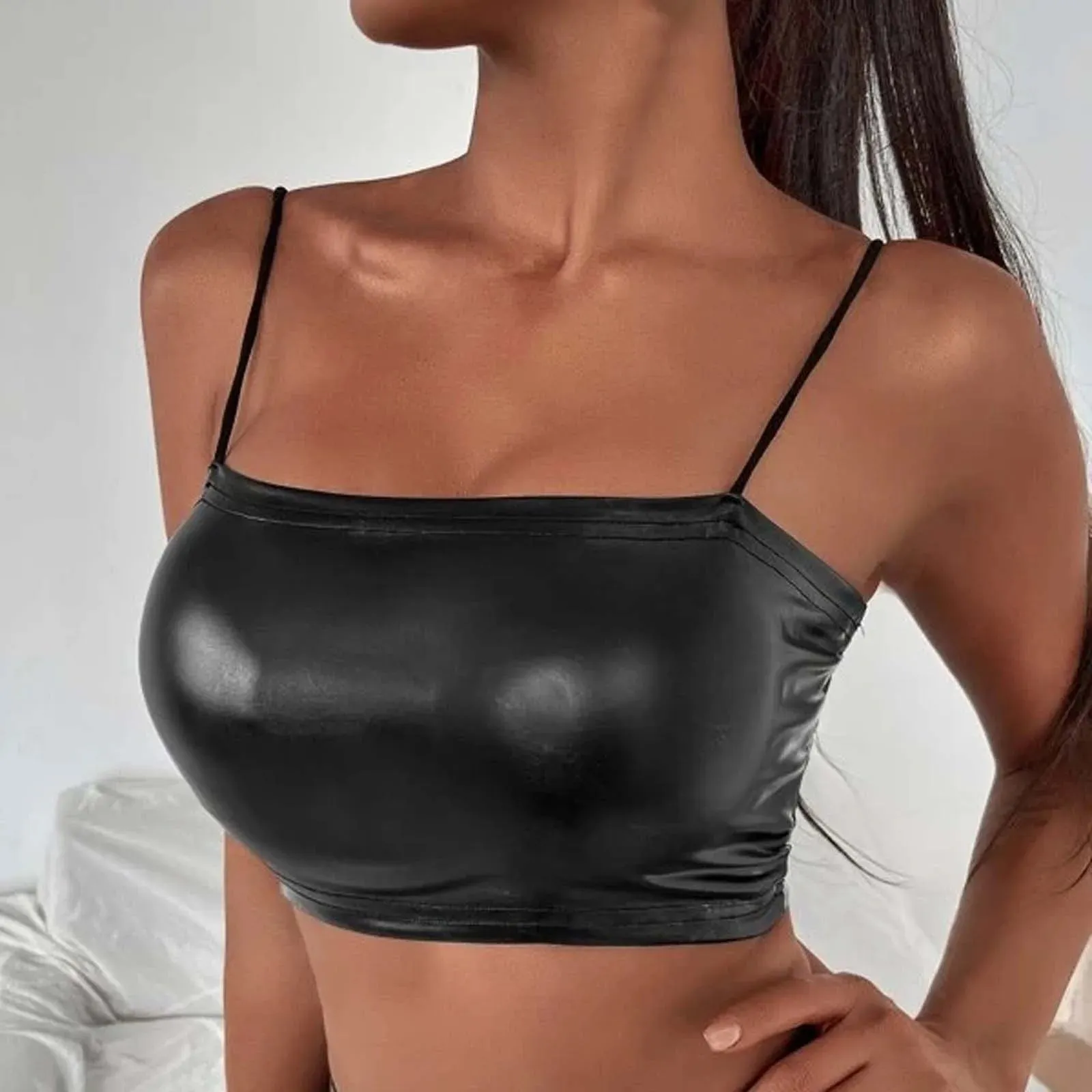 PU Leather Black Bustier Women Sexy Deep V-Neck Spaghetti Strap Corset Cropped Top