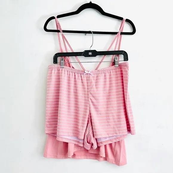 Rae Dunn Pajama Set L NWT Dreamer Cross Back Cami Striped Shorts Clay Pink