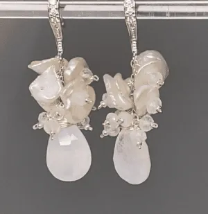 Rainbow Moonstone Keishi Pearl Cluster Bridal Earrings Sterling Silver