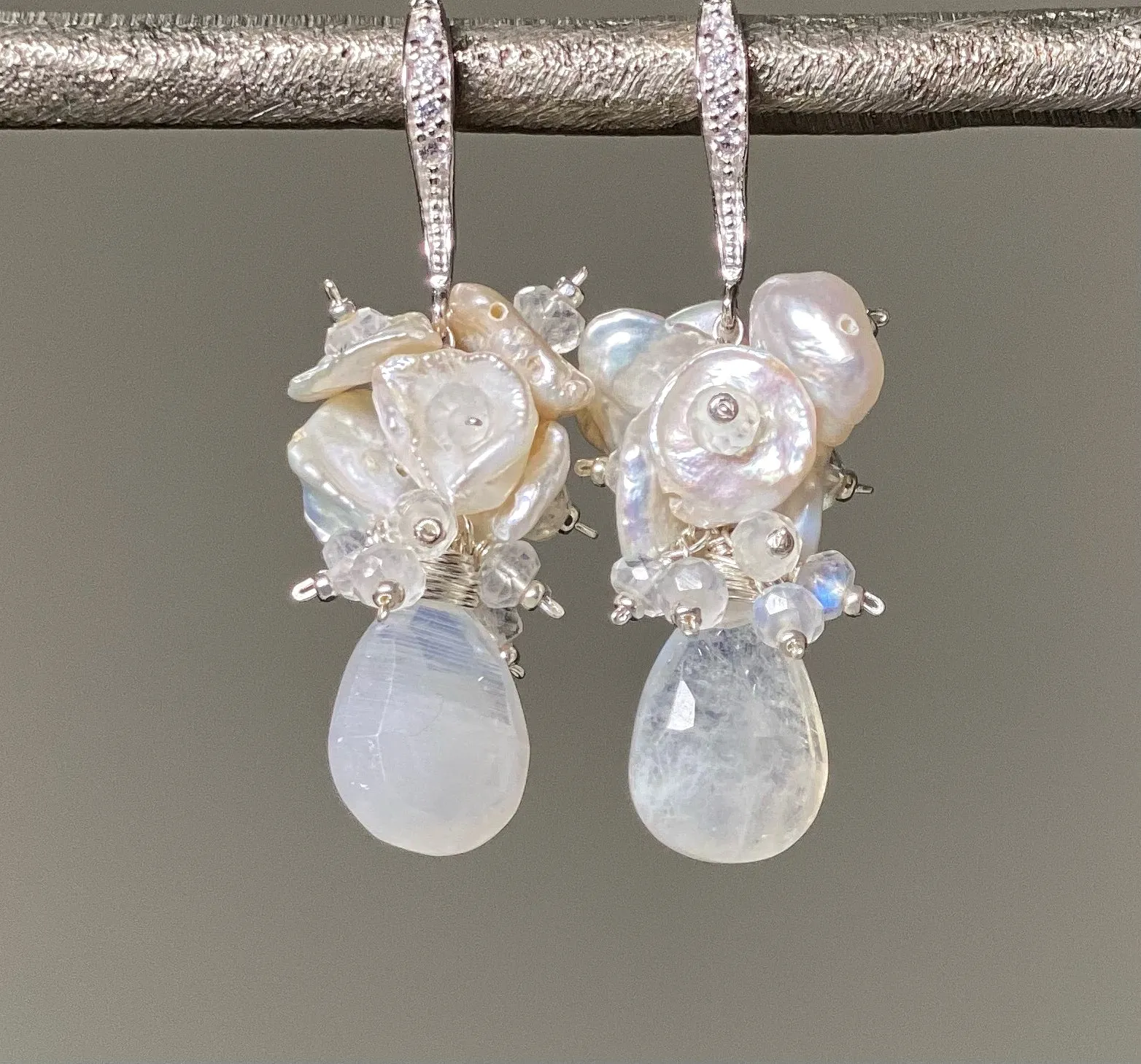 Rainbow Moonstone Keishi Pearl Cluster Bridal Earrings Sterling Silver