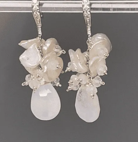 Rainbow Moonstone Keishi Pearl Cluster Bridal Earrings Sterling Silver