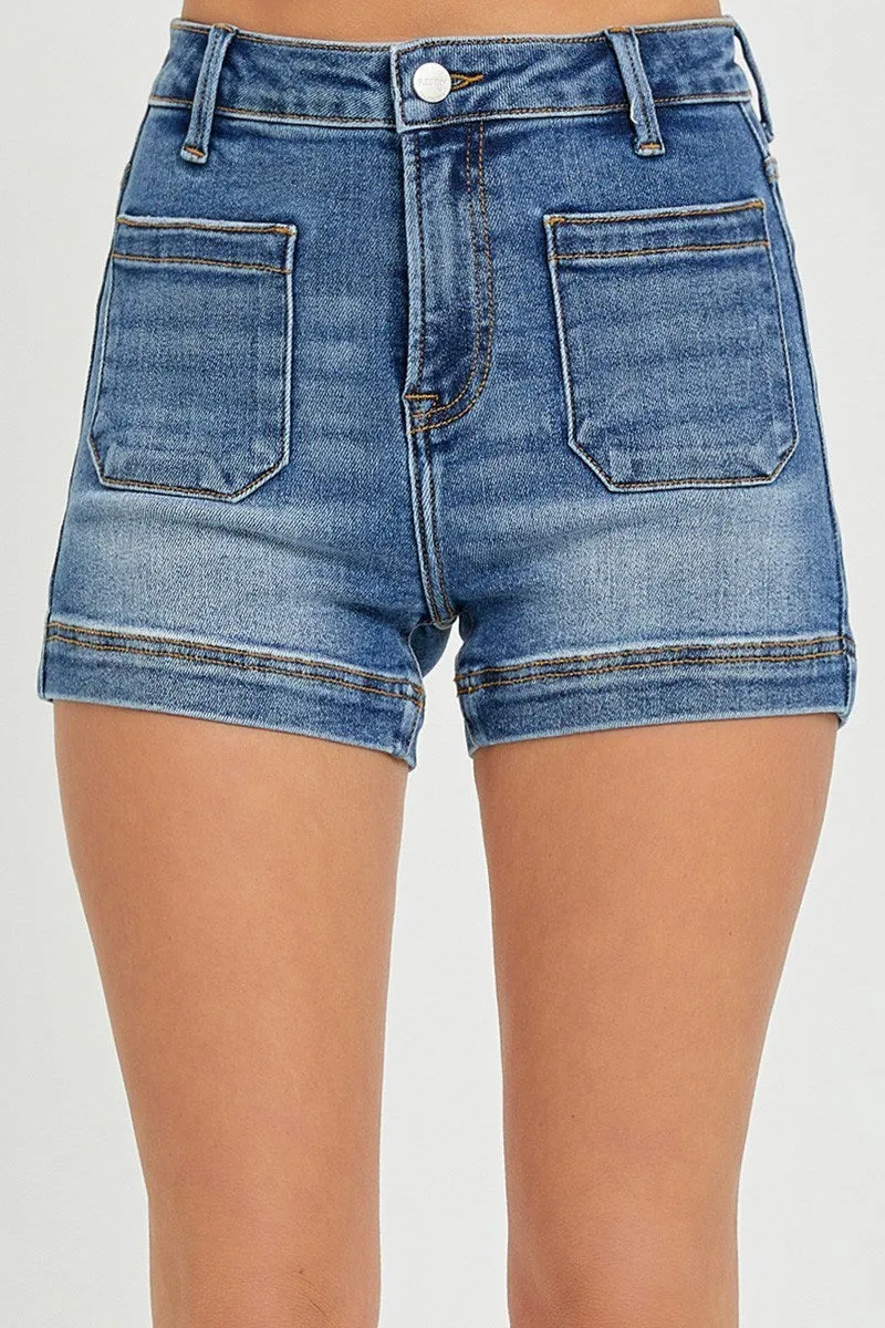 Risen High Rise Front Patch Pocket Denim Shorts