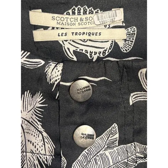 Scotch &amp; Soda Sz XS Black White Surf Beach Palm Tree Printed High Waist Shorts