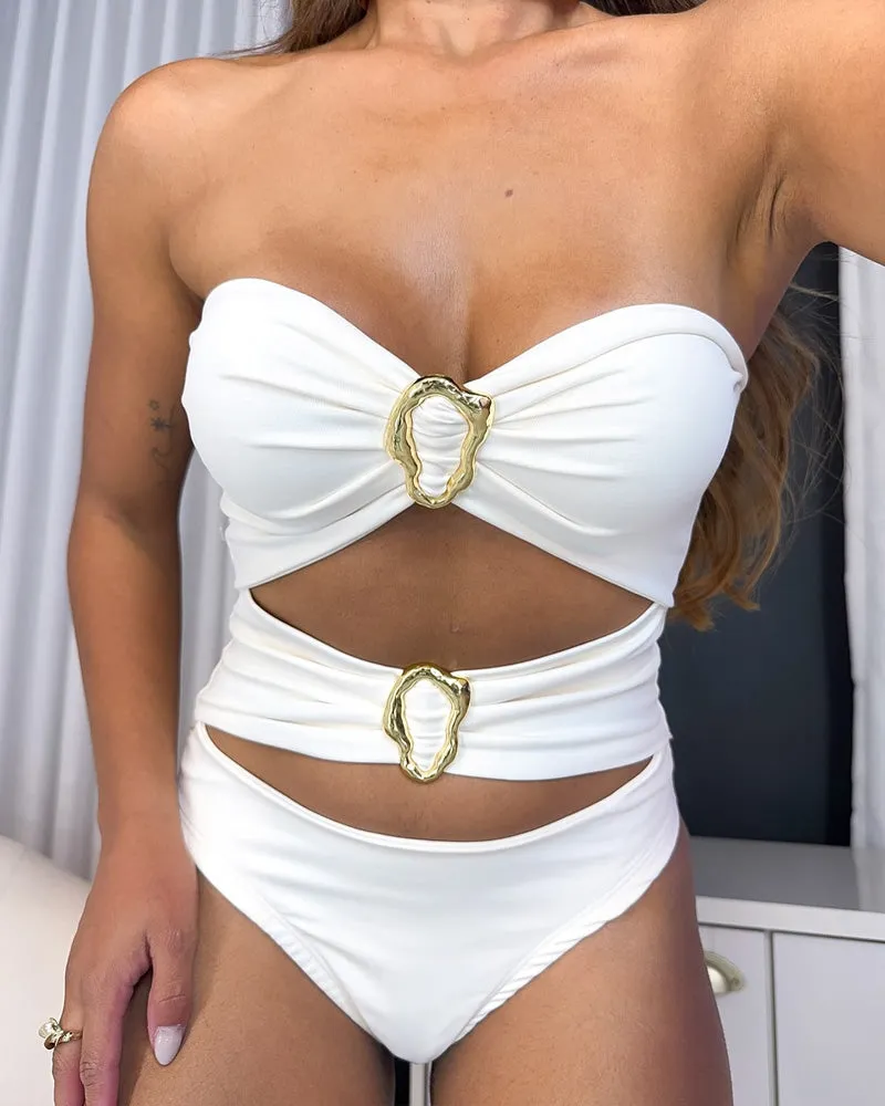 Sexy hollow metal buckle decoration beach vacation one-piece swimsuit