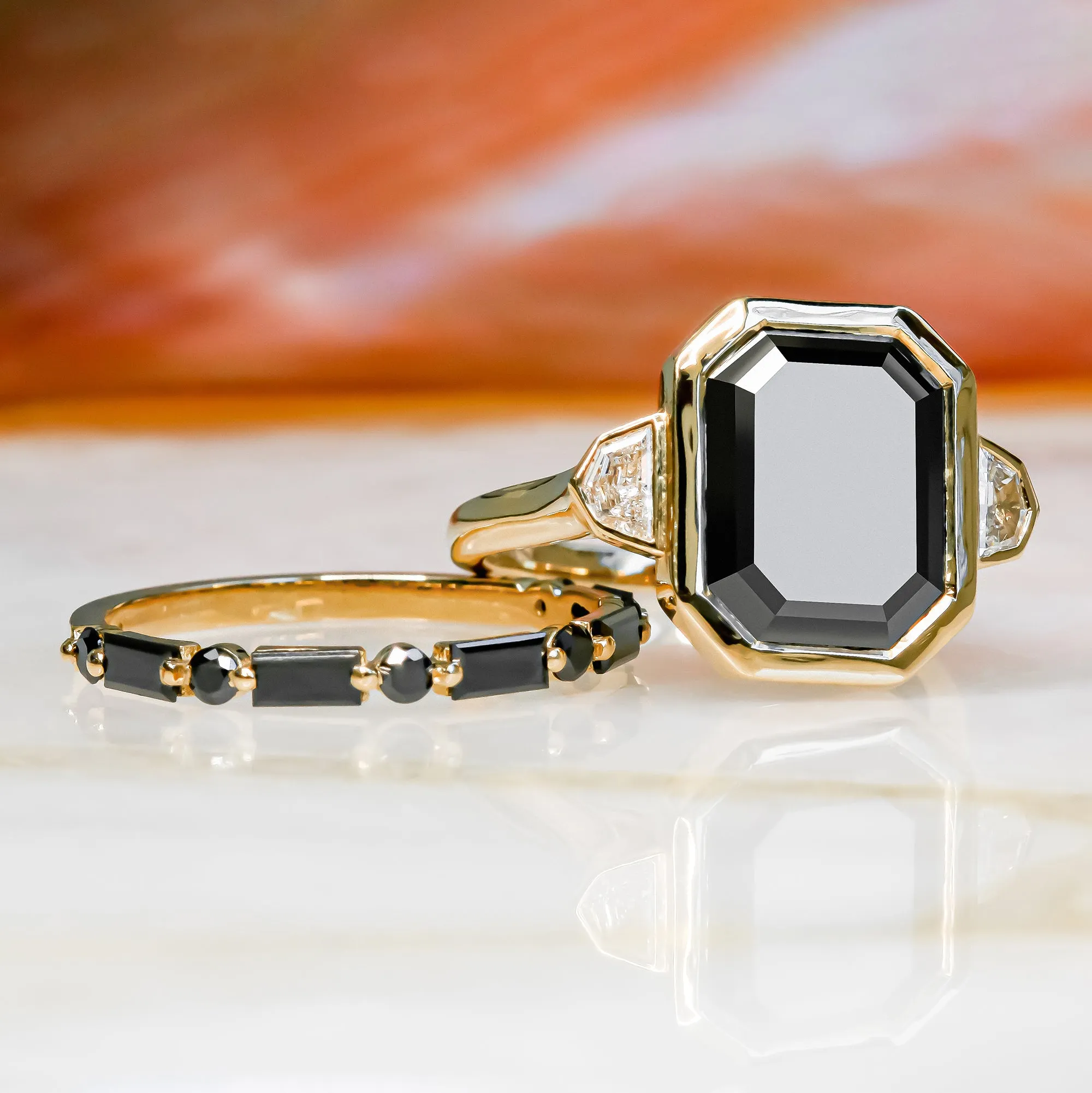 Shambala Art Deco Wedding Ring with Round & Baguette Cut Natural Black Diamonds
