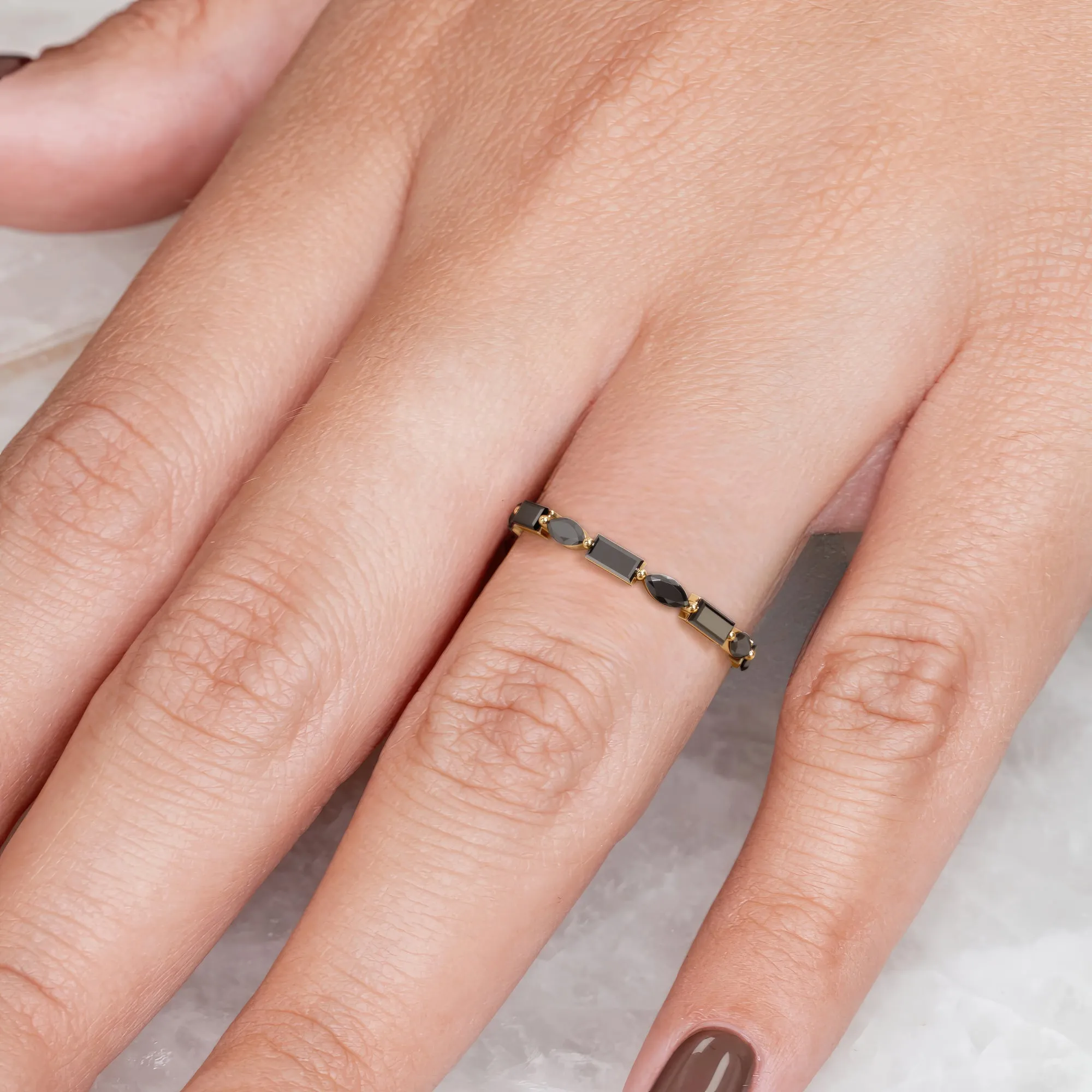 Shambala Art Deco Wedding Ring with Round & Baguette Cut Natural Black Diamonds