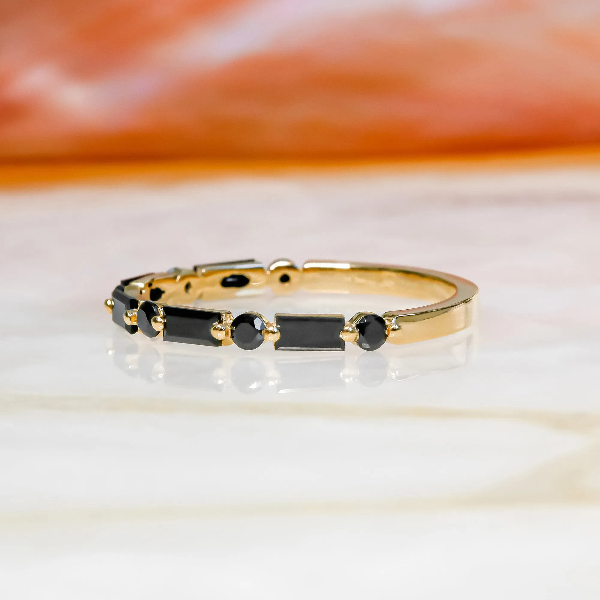 Shambala Art Deco Wedding Ring with Round & Baguette Cut Natural Black Diamonds
