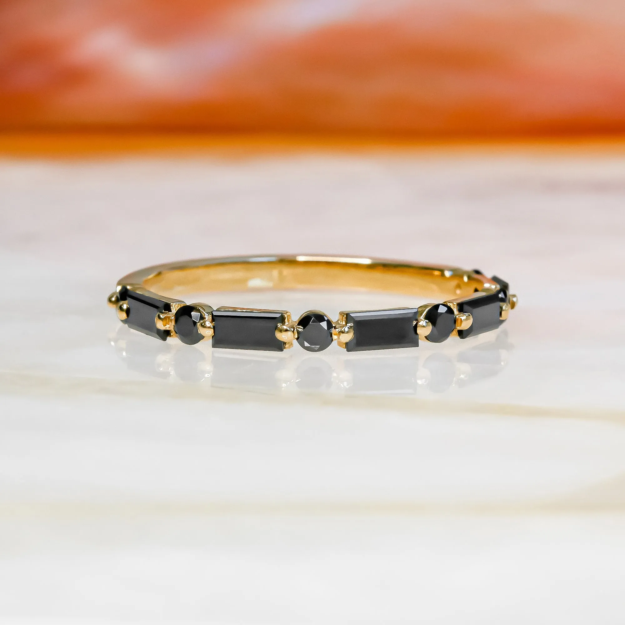 Shambala Art Deco Wedding Ring with Round & Baguette Cut Natural Black Diamonds