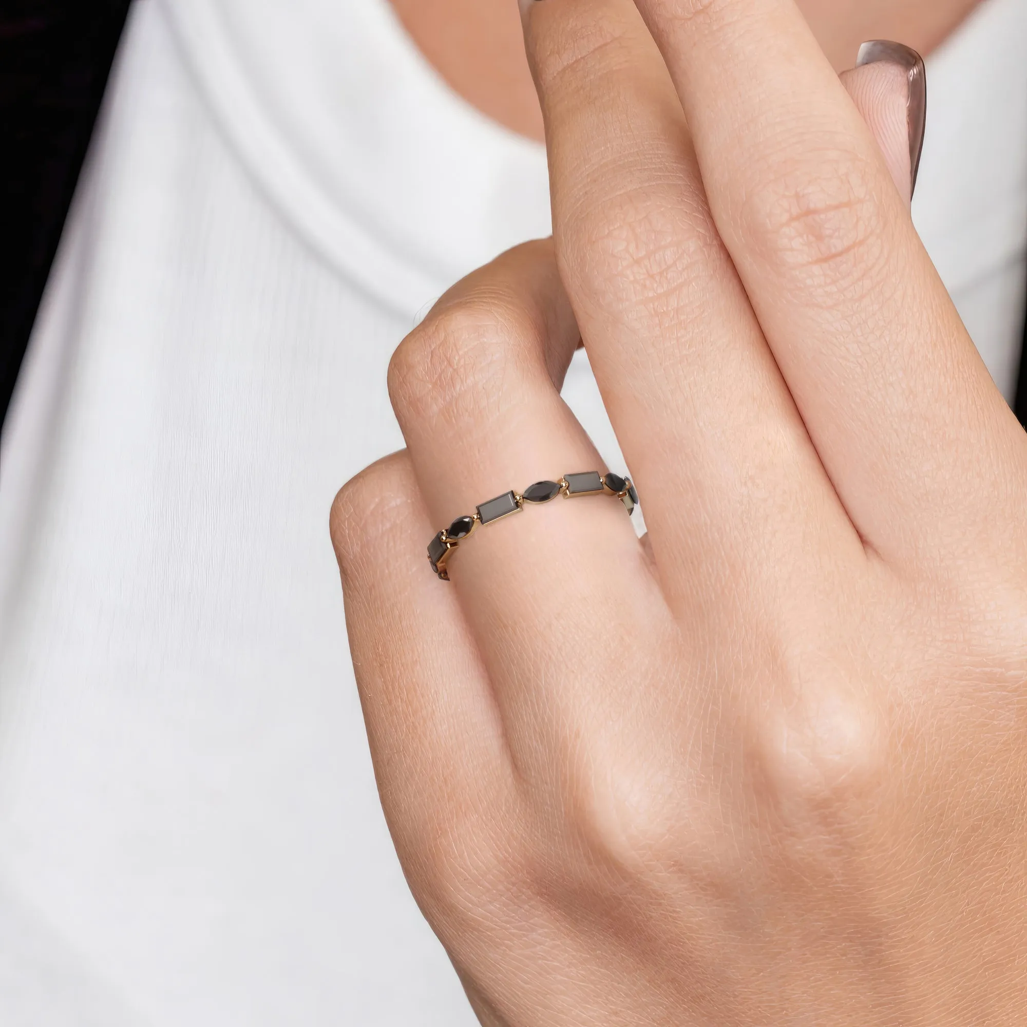 Shambala Art Deco Wedding Ring with Round & Baguette Cut Natural Black Diamonds