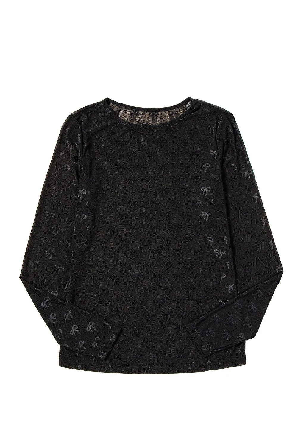 Sheer Bow Pattern Mesh Long Sleeve Top