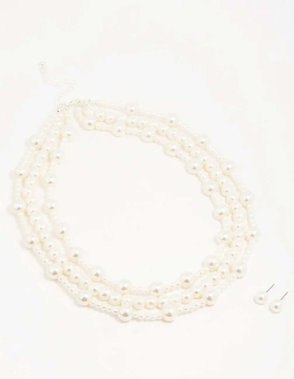 Silver Pearl Layered Necklace & Earrings Set