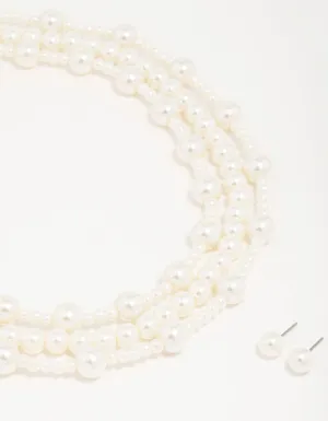 Silver Pearl Layered Necklace & Earrings Set