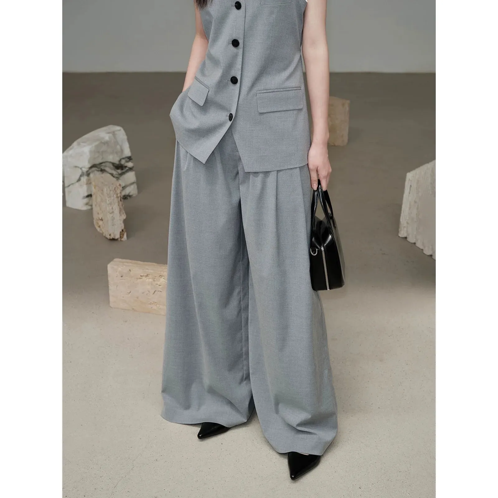 Sleeveless Vest and Pleated Wide-Leg Trousers Set