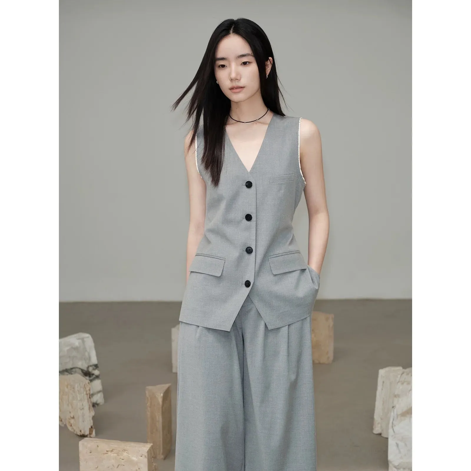 Sleeveless Vest and Pleated Wide-Leg Trousers Set
