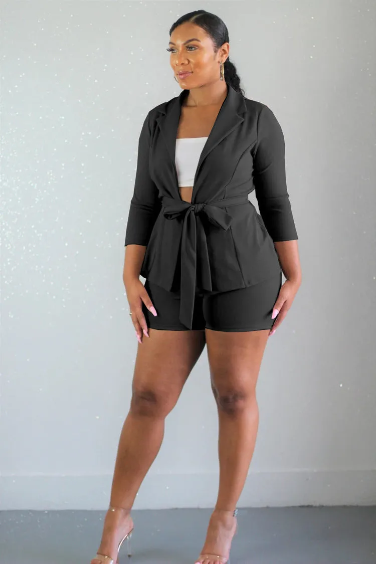 Stylish Belted Blazer and Tailored Shorts Two-Piece Set for Effortless Chic