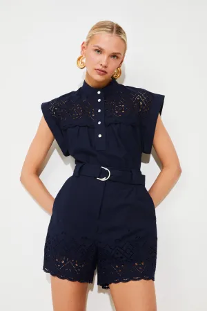 Suncoo Bianca Navy Embroidered High Waisted Shorts