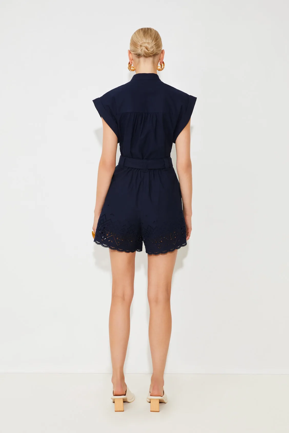 Suncoo Bianca Navy Embroidered High Waisted Shorts