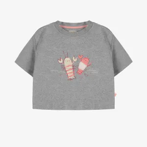 T-shirt gris à manches courtes coupe décontractée avec écrevisses, enfant || Gray short sleeves slim fit t-shirt with crayfish, child