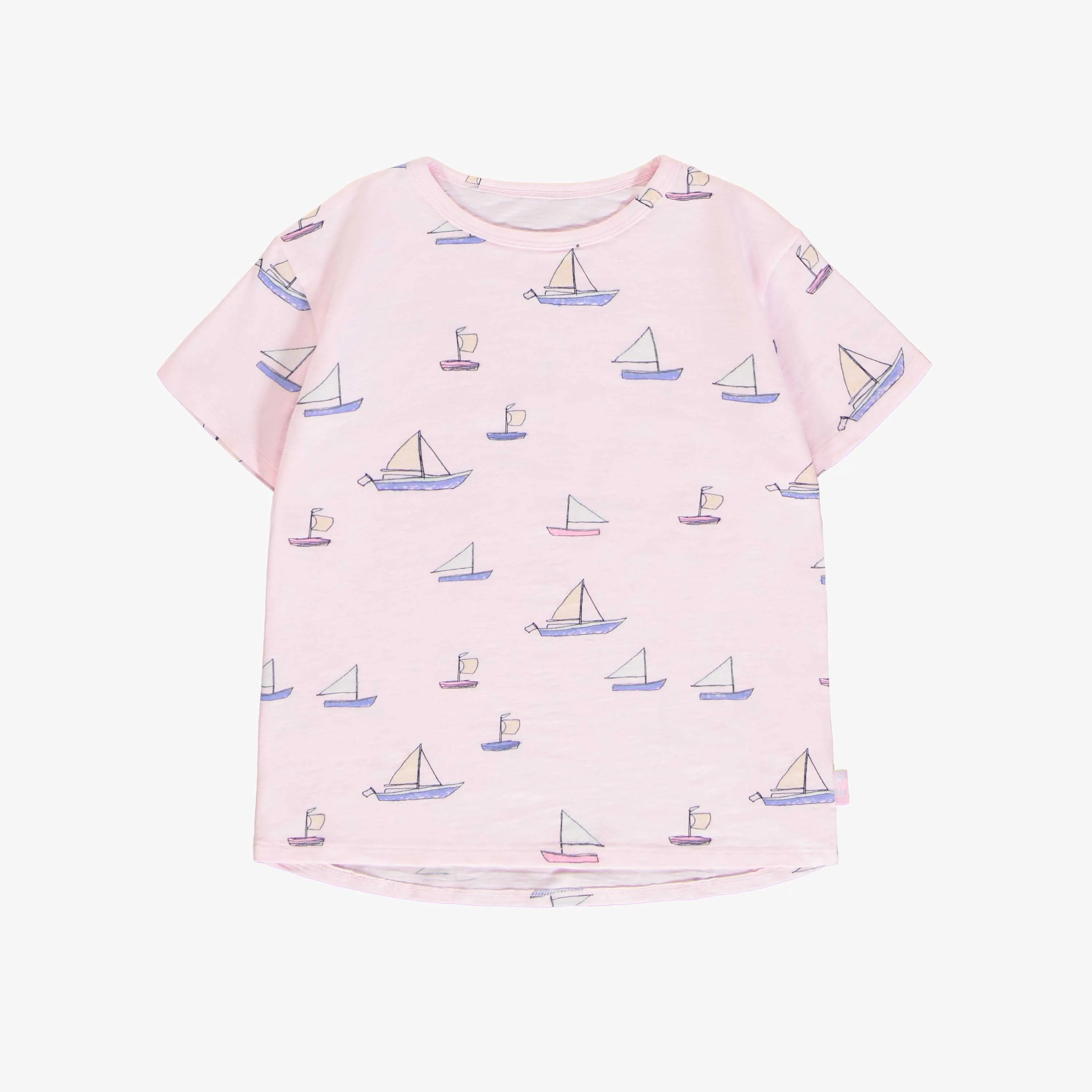 T-shirt à manches courtes rose pâle à motif de voiliers, enfant || Light pink short sleeves t-shirt with sailboat print, child