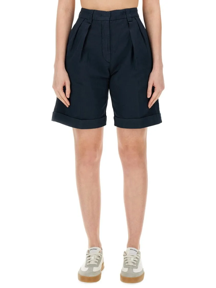 Tailored High-Waisted Cotton-Linen Shorts With Pleated Front