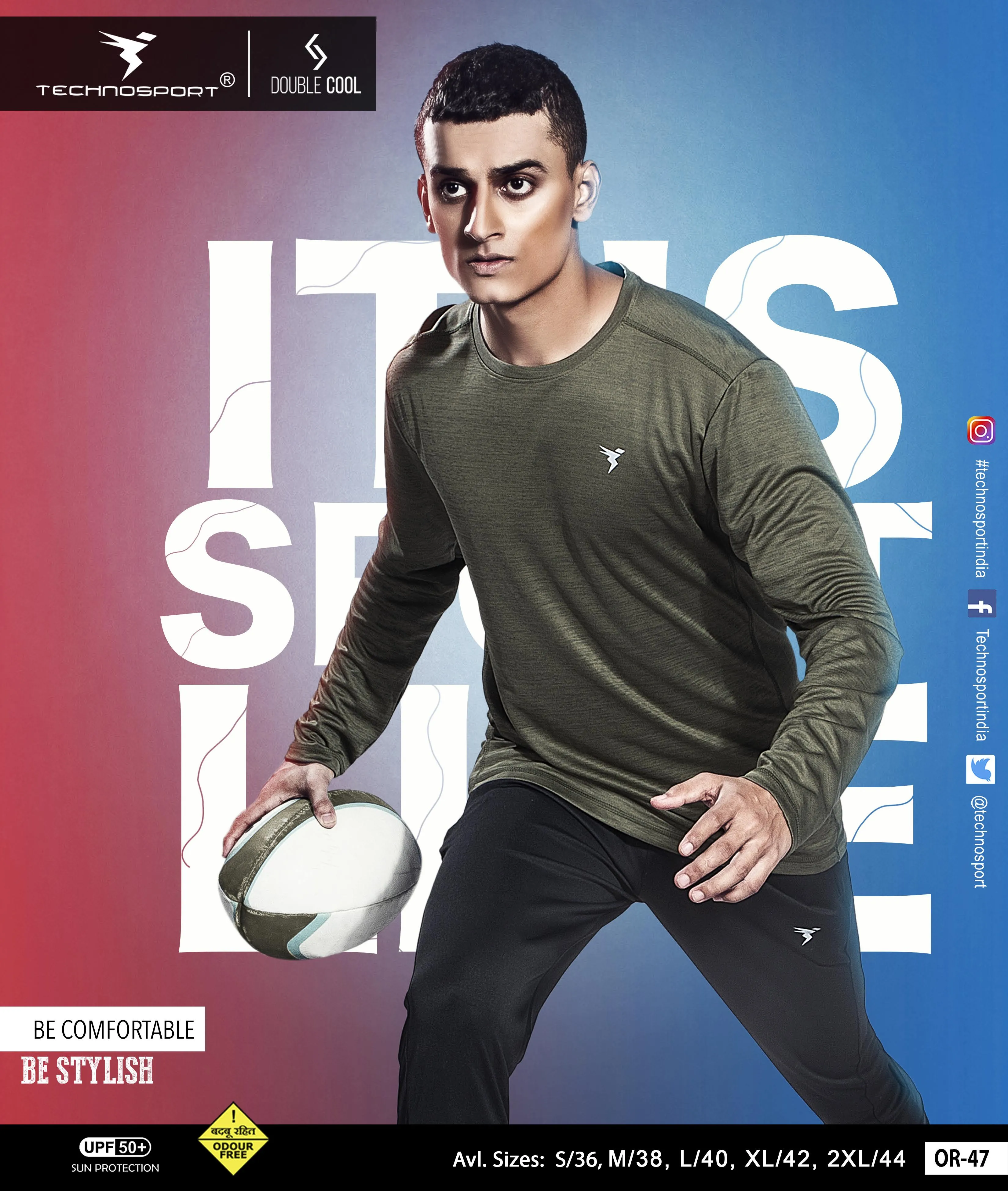 TechnoSport Crew Neck Full Sleeve Dry Fit T Shirt for Men OR-47 (Olive Green)