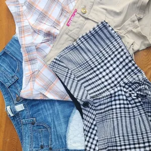 TEEN JUNIOR Girl, Sz M, Summer, Spring, Vacation, Plaid, Khaki, Jean Mini Shorts