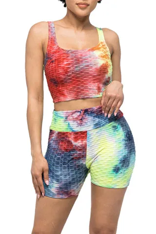TIE DYE WAFFLE CROP BRA TOP & BIKER SET(ST250SET) <Bundle>