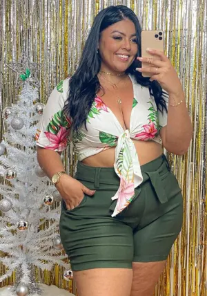 Tropical Knot-Front Printed Top and High-Waist Shorts Set for Effortless Summer Chic