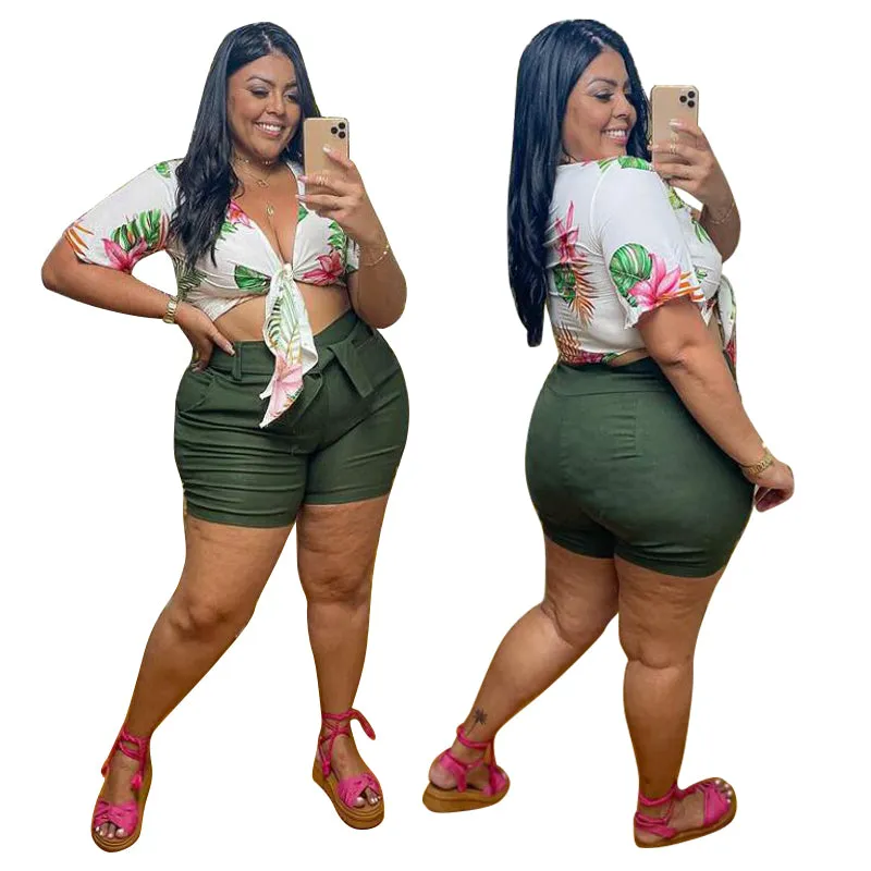 Tropical Knot-Front Printed Top and High-Waist Shorts Set for Effortless Summer Chic