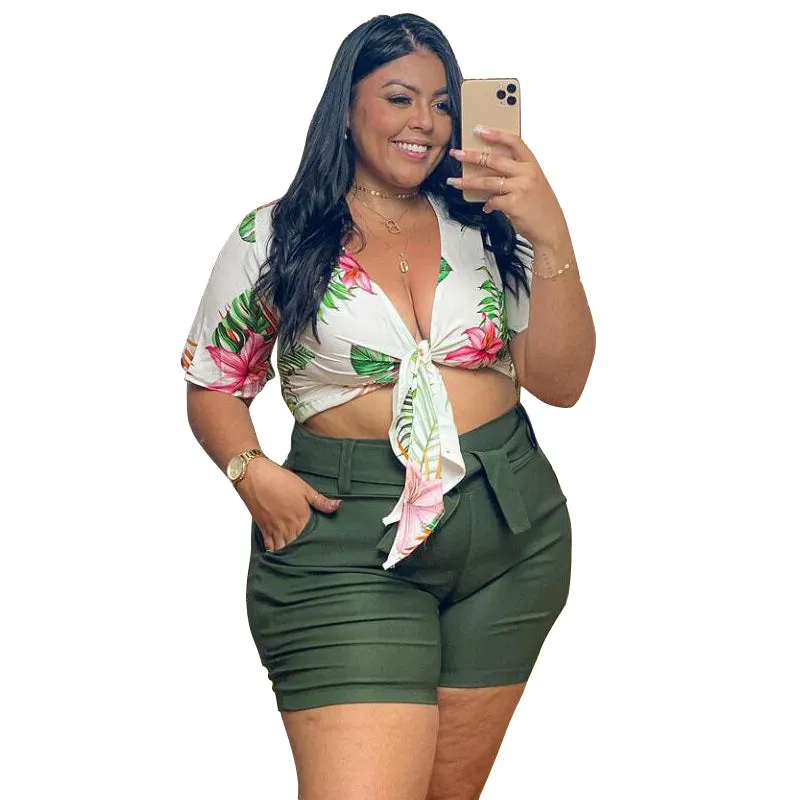 Tropical Knot-Front Printed Top and High-Waist Shorts Set for Effortless Summer Chic