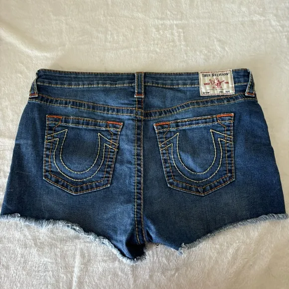 True Religion Keira Mid Rise Cutoff Denim Shorts Size 34