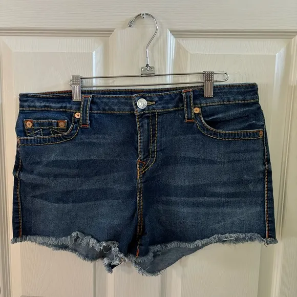 True Religion Keira Mid Rise Cutoff Denim Shorts Size 34