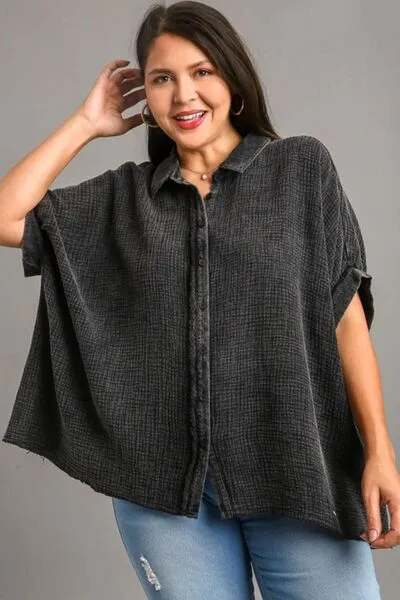 Umgee Full Size Cotton Gauze Mineral Wash Button Down Shirt Plus Size