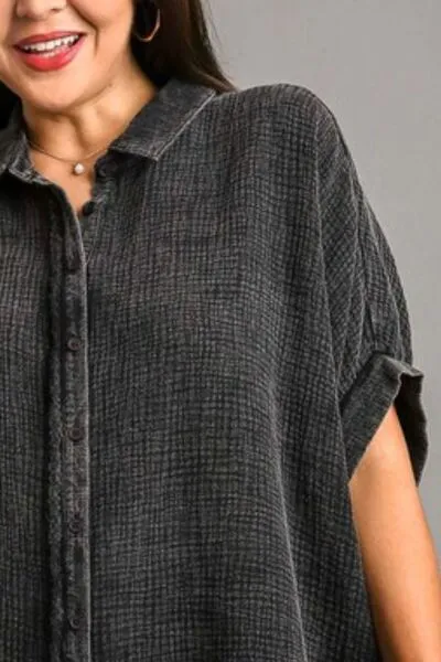 Umgee Full Size Cotton Gauze Mineral Wash Button Down Shirt Plus Size