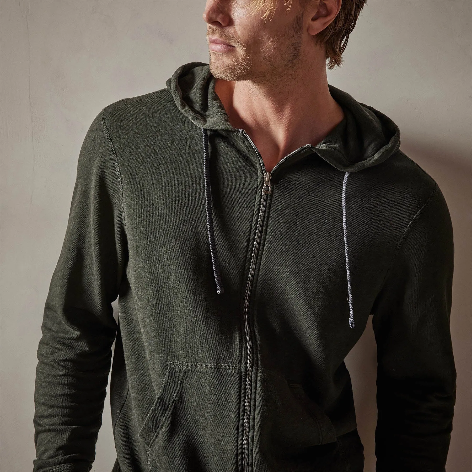 Vintage French Terry Zip Up Hoodie - Dark Olive Pigment