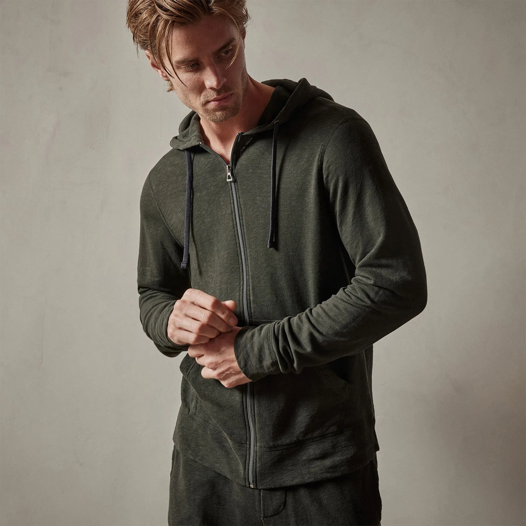 Vintage French Terry Zip Up Hoodie - Dark Olive Pigment
