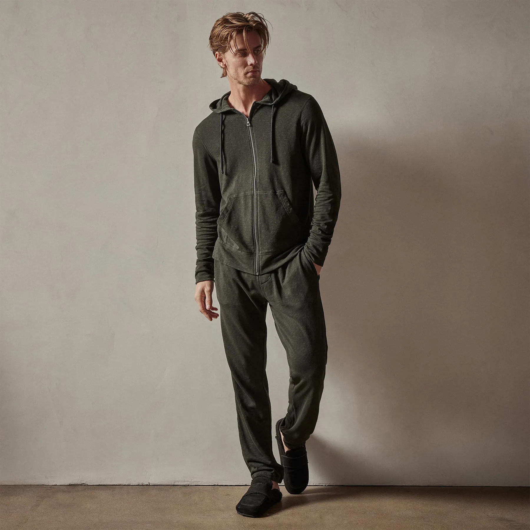 Vintage French Terry Zip Up Hoodie - Dark Olive Pigment