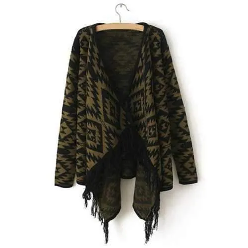 Vintage Geometric Pattern Irregular Design Long Sleeves Women's Cardigan - Army Green M